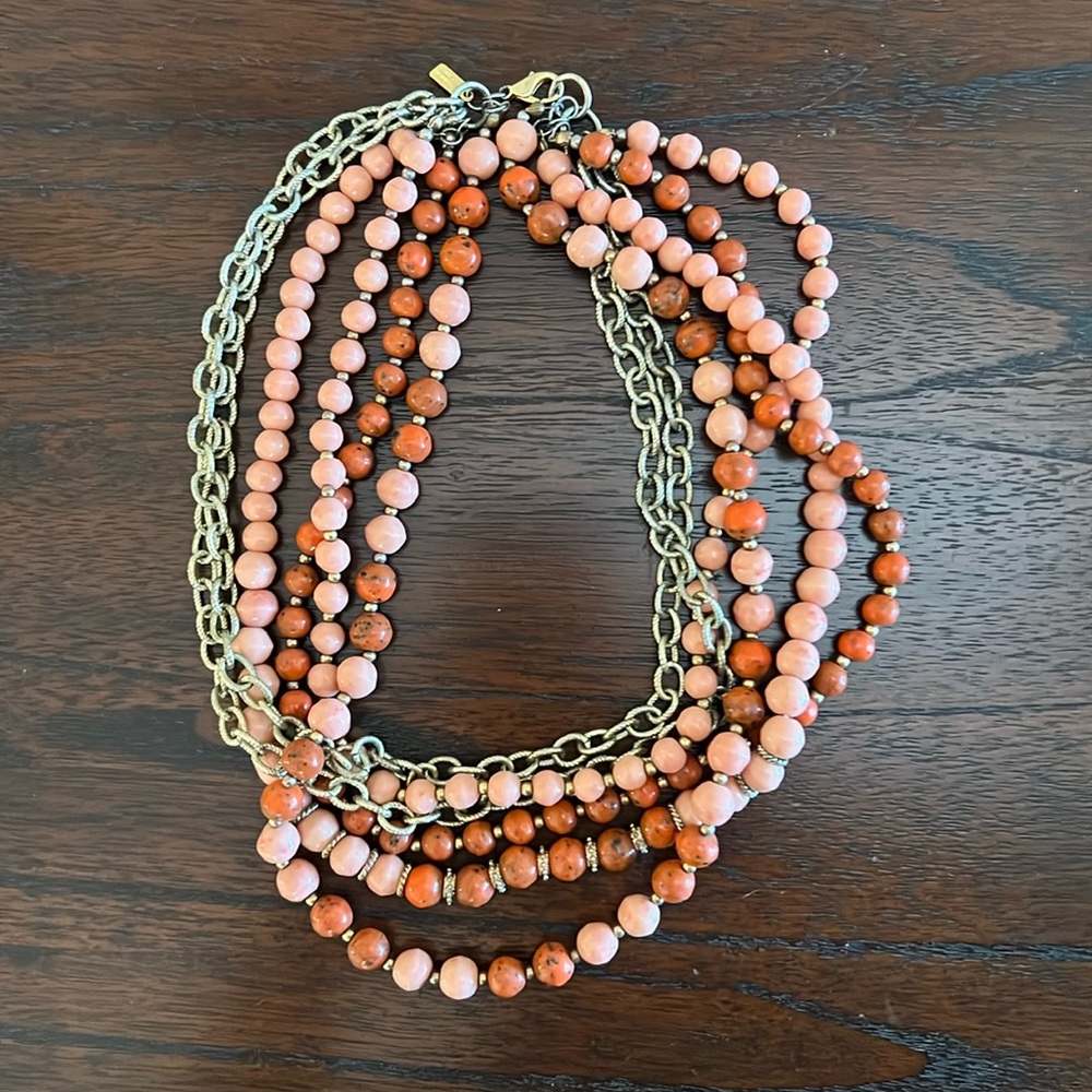 Coral bead and metal chain necklace